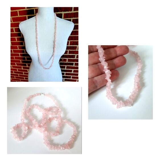 Sterling Silver Clasp Rose Quartz Pink Semi Precious Gemstone Chips 35" Necklace - Picture 1 of 6